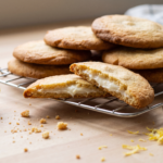Biscoito recheado de limão caseiro empilhado sobre grade, com um partido ao meio mostrando o recheio branco e raspas de limão ao lado