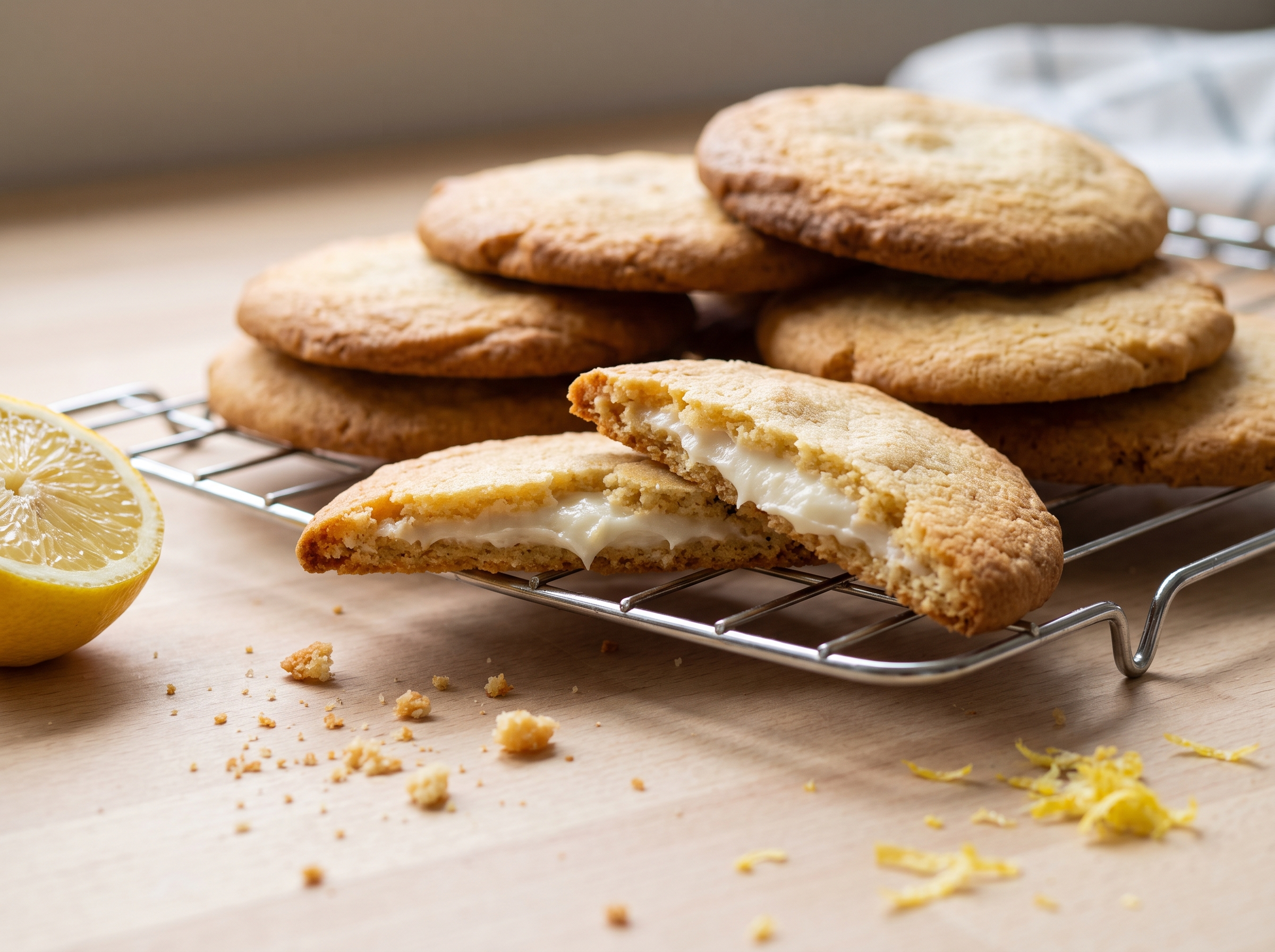 Biscoito recheado de limão caseiro empilhado sobre grade, com um partido ao meio mostrando o recheio branco e raspas de limão ao lado