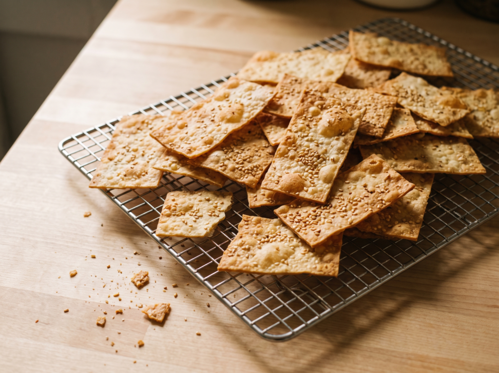 Biscoitos salgados de mandioca crocantes e dourados com gergelim, empilhados sobre grade de resfriamento
