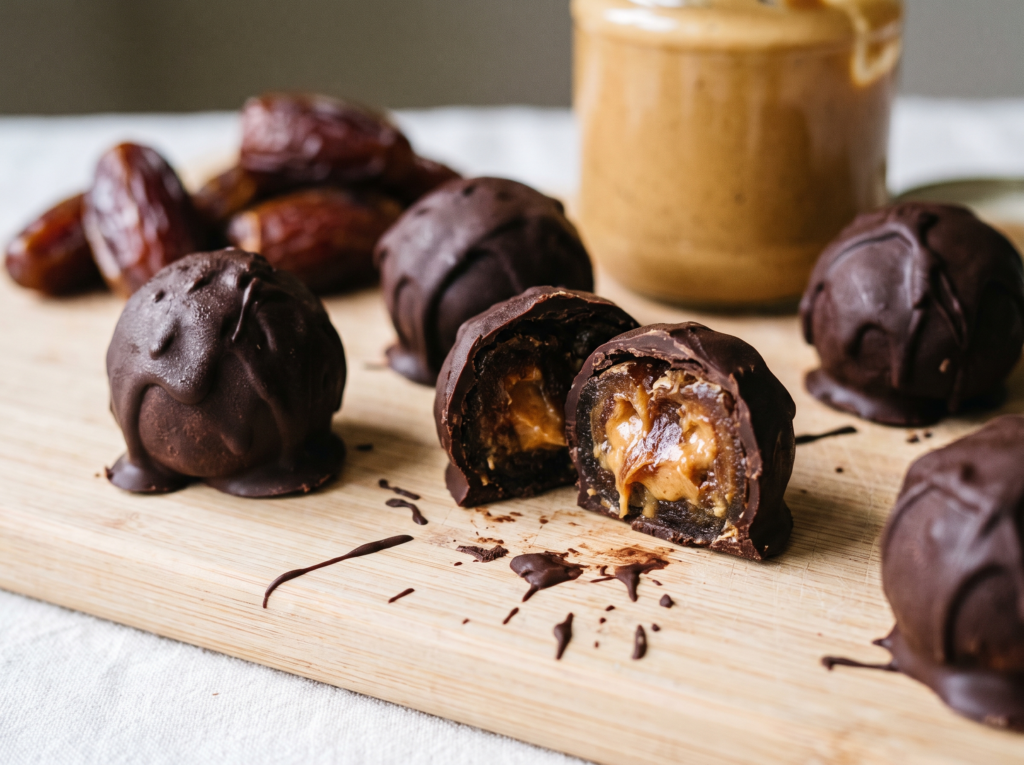 Bombons de tâmara cobertos de chocolate sobre tábua de madeira, um partido ao meio mostrando o recheio de pasta de amendoim