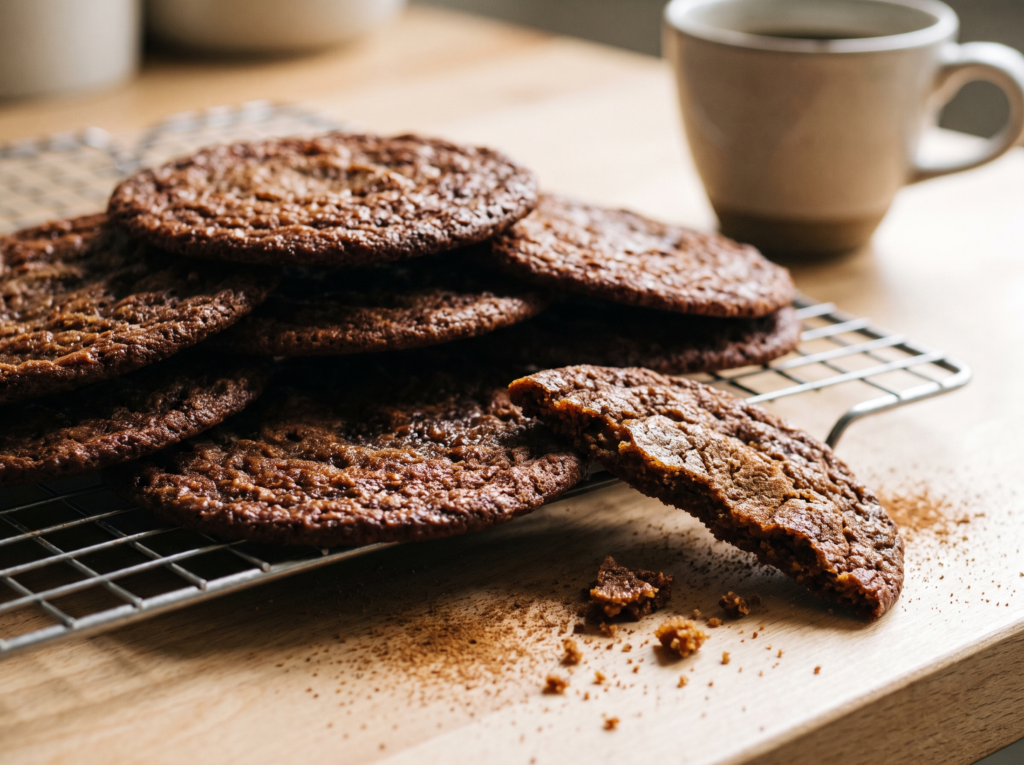 Biscoitos de canela crocantes e caramelizados empilhados sobre grade, um deles quebrado ao meio, com xícara de café ao fundo