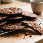 Biscoitos de canela crocantes e caramelizados empilhados sobre grade, um deles quebrado ao meio, com xícara de café ao fundo