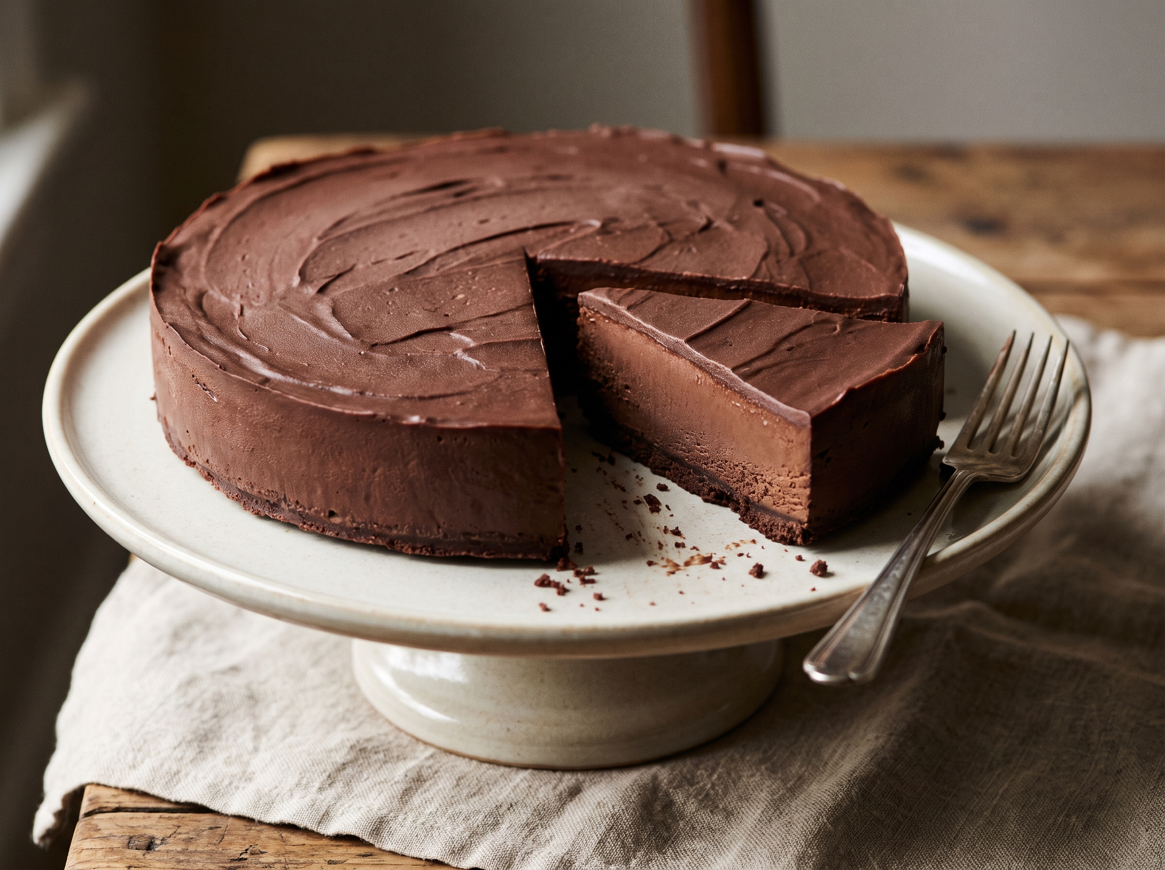 Torta gelada de chocolate escura e densa em prato de cerâmica, com uma fatia cortada mostrando o interior cremoso