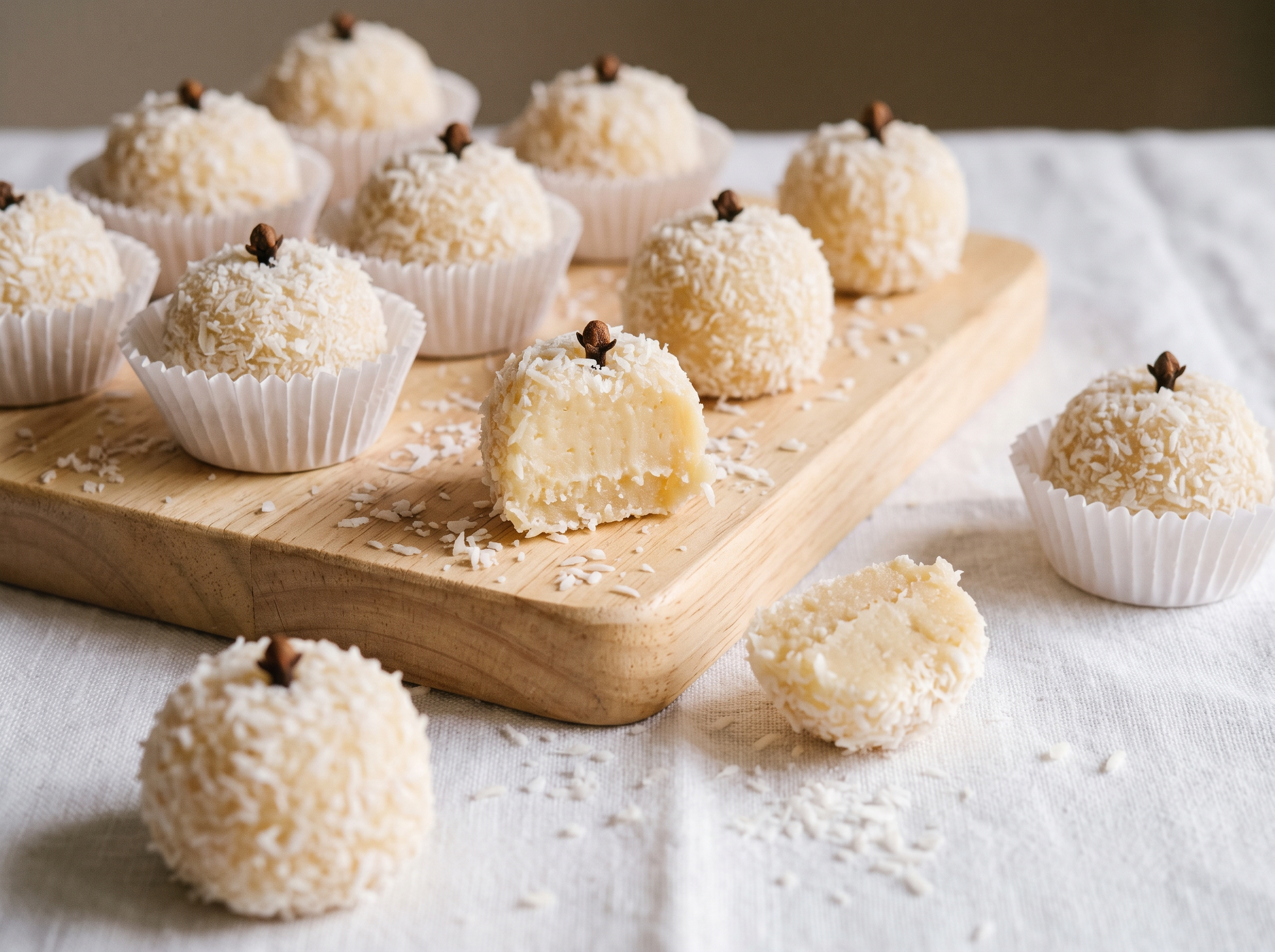 Beijinhos veganos cobertos de coco ralado com cravo no topo, em forminhas de papel sobre tábua de madeira