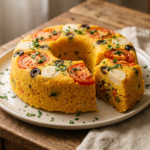 Cuscuz paulista desenformado com tomate e azeitonas na superfície, com uma fatia cortada mostrando os legumes