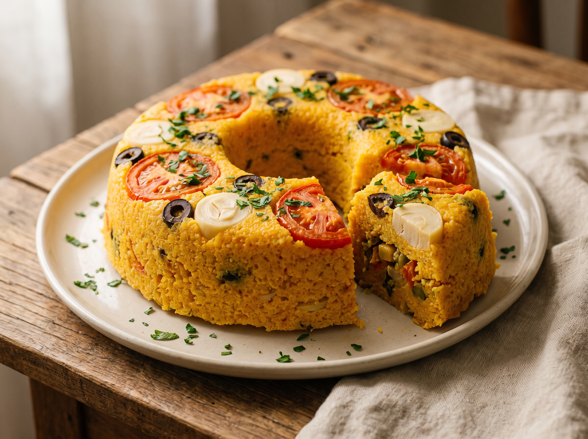 Cuscuz paulista desenformado com tomate e azeitonas na superfície, com uma fatia cortada mostrando os legumes