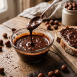 Creme de chocolate com castanhas espesso e brilhante em tigela de vidro, com pão passado ao lado