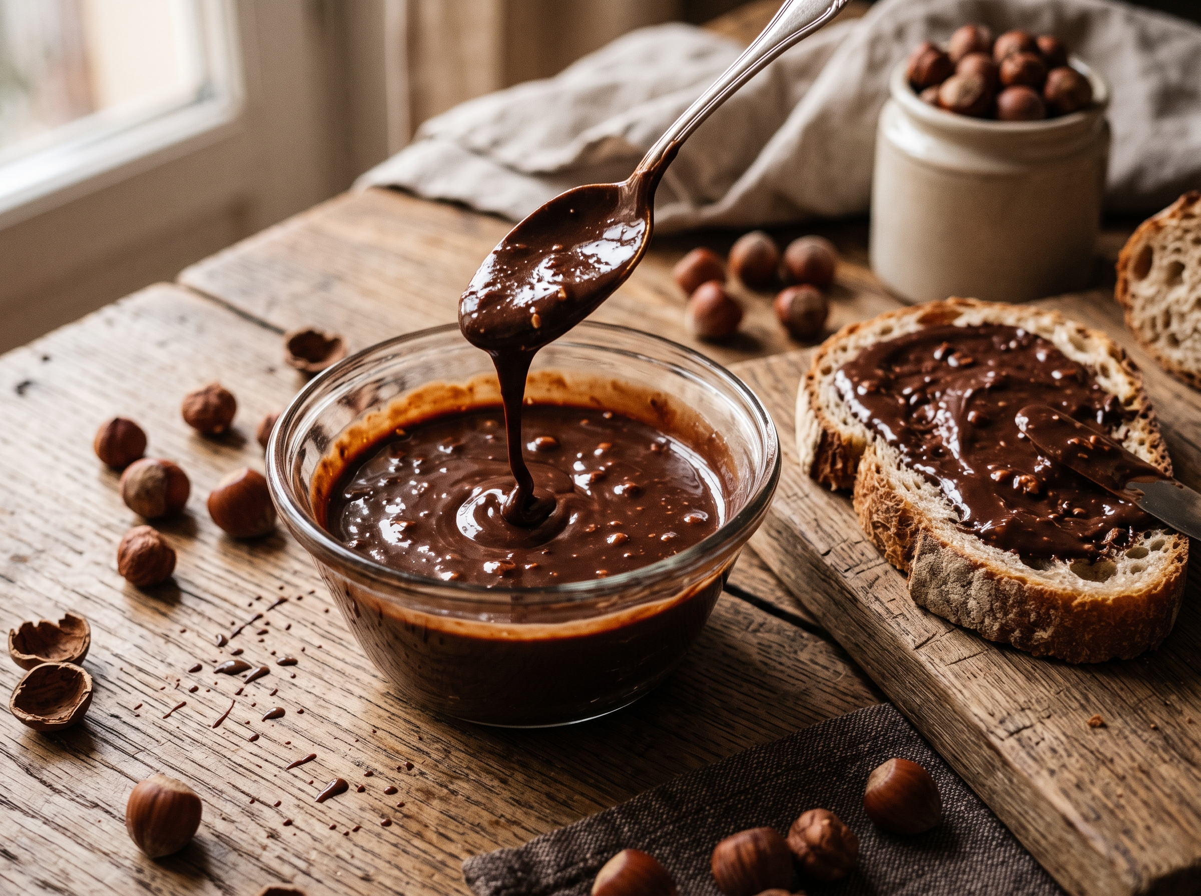 Creme de chocolate com castanhas espesso e brilhante em tigela de vidro, com pão passado ao lado