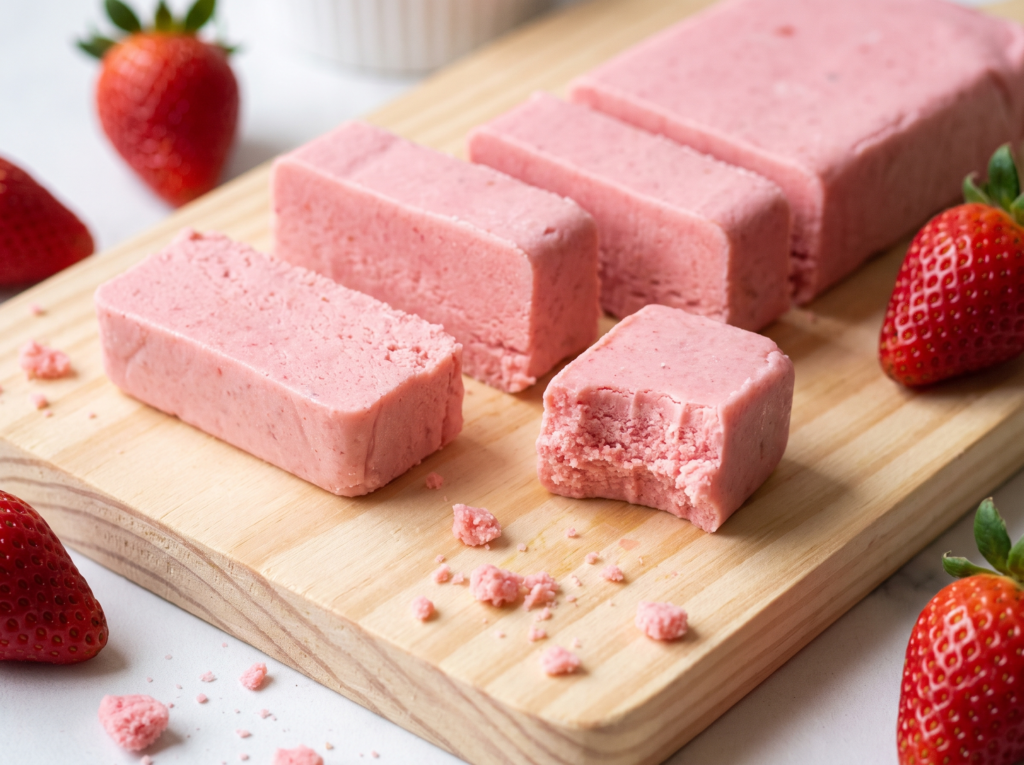 Doce gelado de morango cortado em retângulos rosados sobre tábua de madeira, um deles mordido mostrando a textura densa