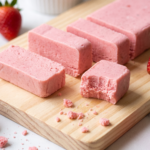 Doce gelado de morango cortado em retângulos rosados sobre tábua de madeira, um deles mordido mostrando a textura densa