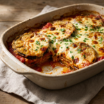 Travessa com berinjela à parmegiana em camadas, molho de tomate e cobertura cremosa gratinada com pontos tostados e salsinha