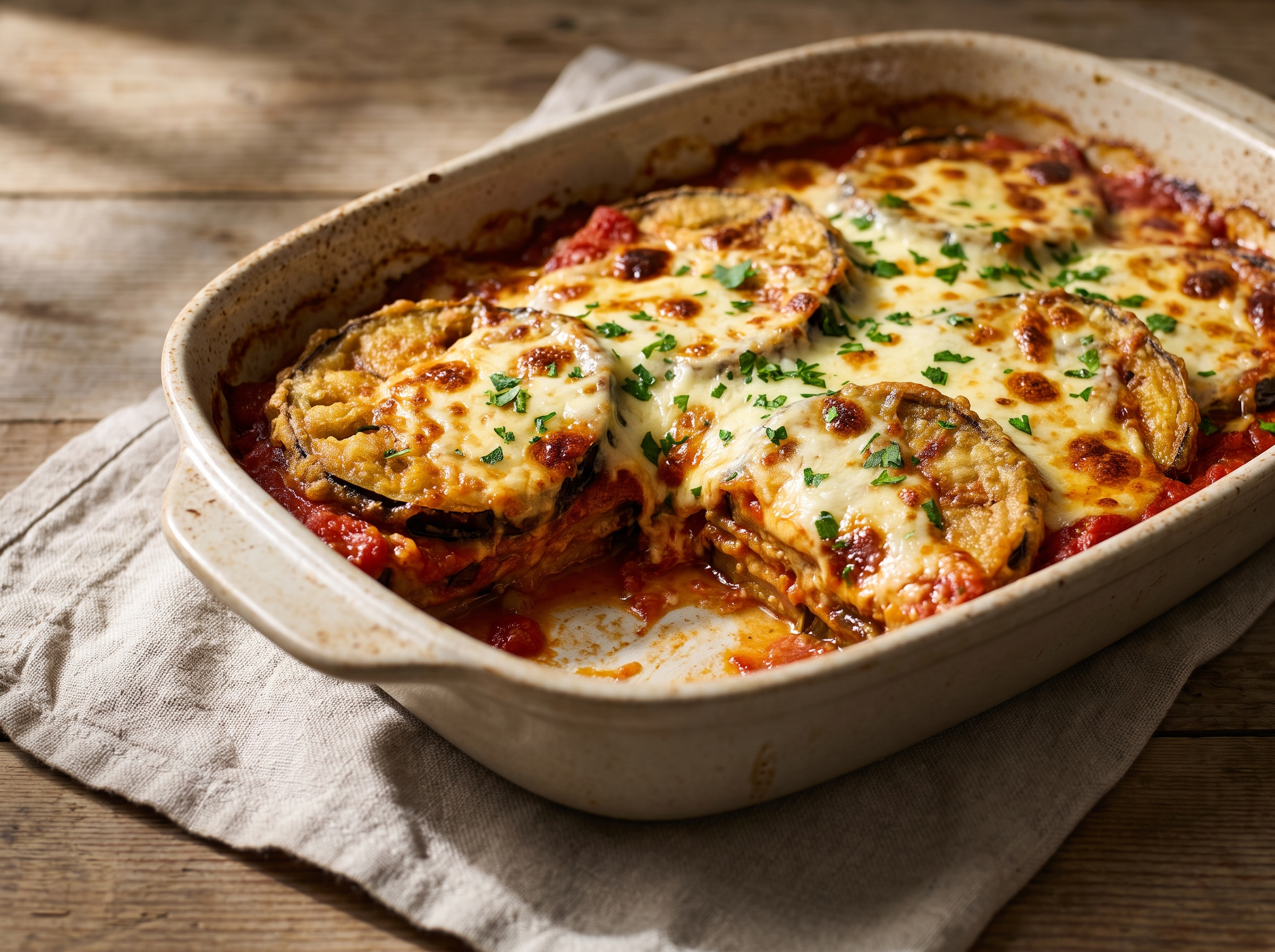 Travessa com berinjela à parmegiana em camadas, molho de tomate e cobertura cremosa gratinada com pontos tostados e salsinha