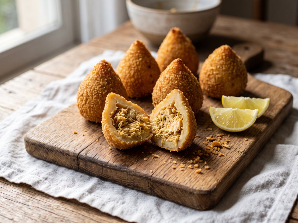Coxinhas veganas douradas em tábua de madeira, uma partida ao meio mostrando o recheio de palmito desfiado