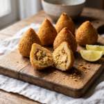 Coxinhas veganas douradas em tábua de madeira, uma partida ao meio mostrando o recheio de palmito desfiado