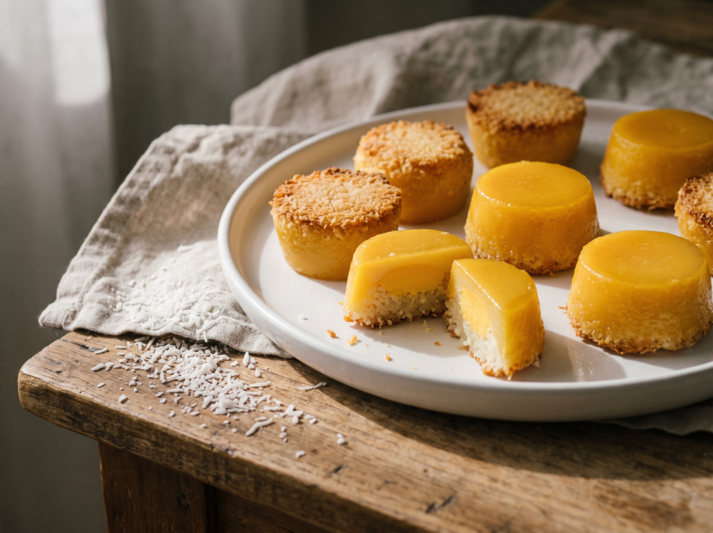 Quindins amarelo-ouro brilhantes em prato branco, com base de coco visível no topo e um deles cortado mostrando as camadas