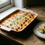 Travessa com canelones enfileirados cobertos de molho branco e molho de tomate gratinados, um servido no prato ao lado