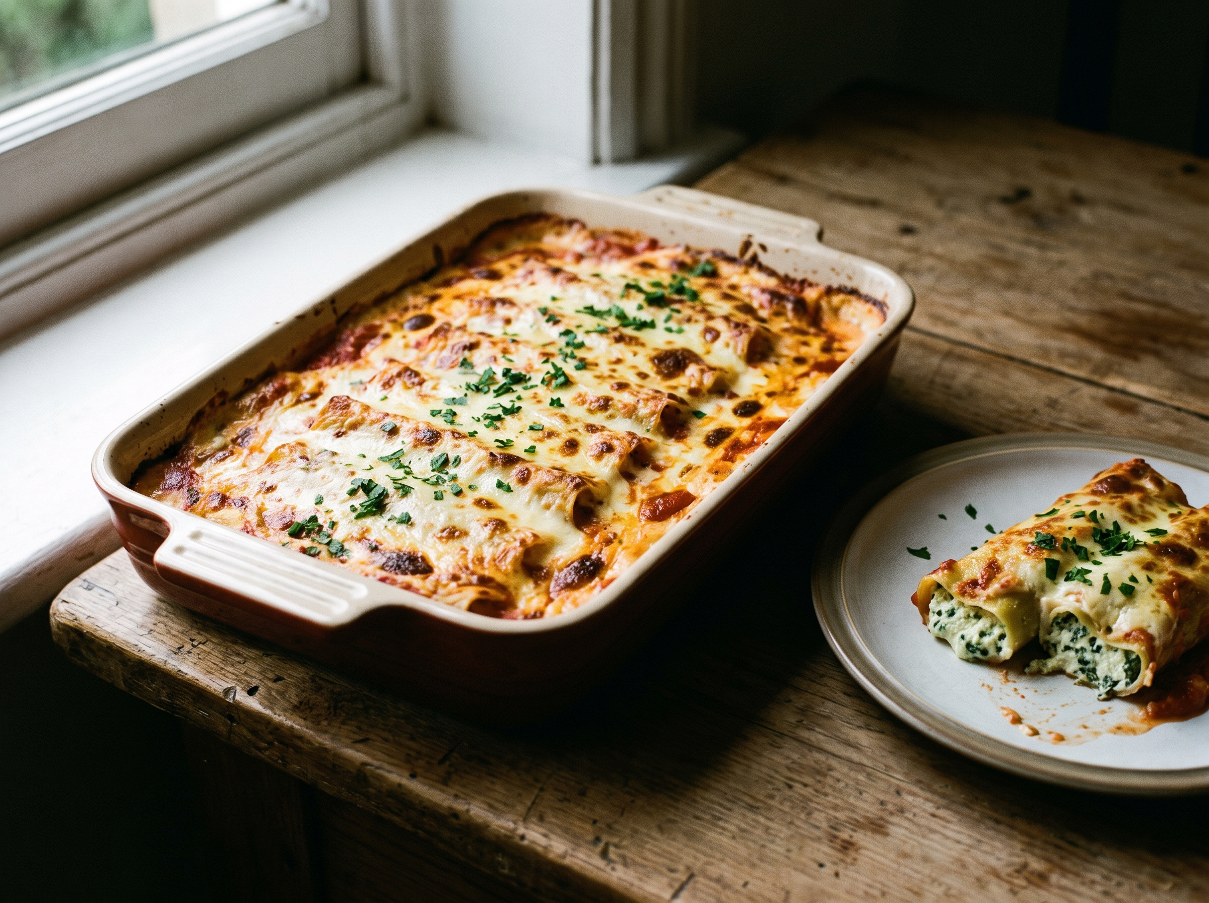 Travessa com canelones enfileirados cobertos de molho branco e molho de tomate gratinados, um servido no prato ao lado