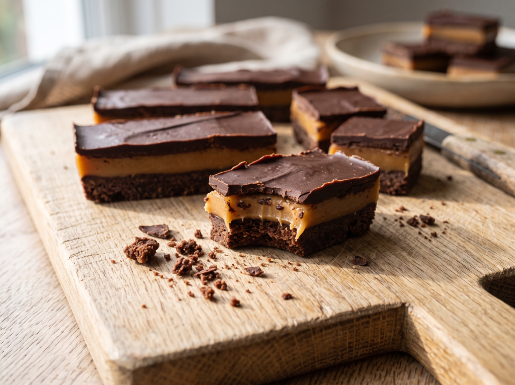 Barrinhas de três camadas em tábua de madeira: base escura, caramelo dourado no meio e cobertura de chocolate, uma delas mordida