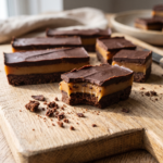 Barrinhas de três camadas em tábua de madeira: base escura, caramelo dourado no meio e cobertura de chocolate, uma delas mordida
