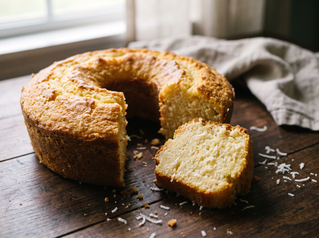 Bolo de mandioca sem ovo assado em forma de furo central, com uma fatia deitada ao lado mostrando o miolo cremoso amarelado com coco ralado