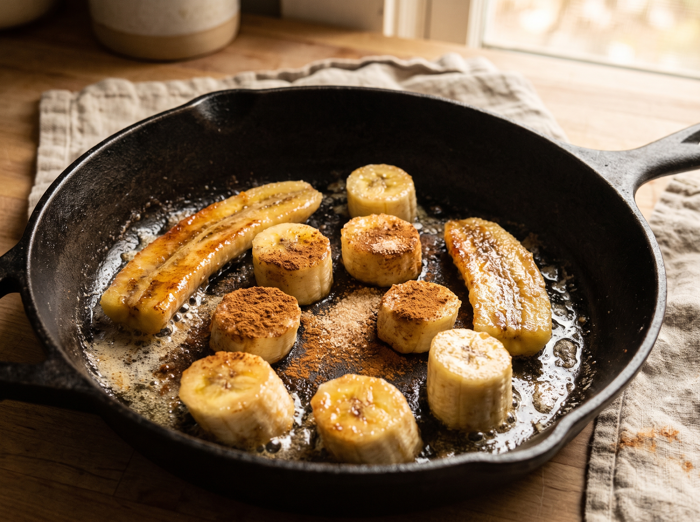 Banana fritando dourada em pedaços com canela