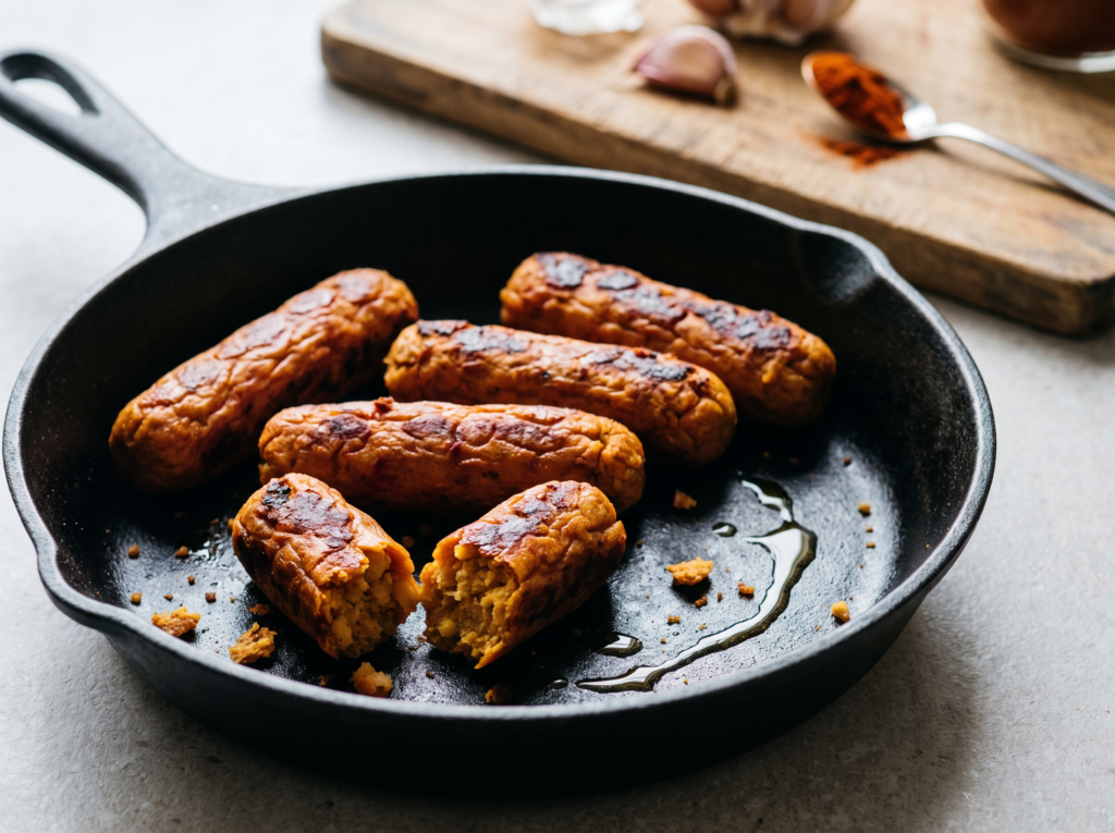 Salsichas veganas caseiras de grão-de-bico douradas na frigideira, uma partida ao meio mostrando o interior firme e avermelhado