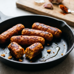 Salsichas veganas caseiras de grão-de-bico douradas na frigideira, uma partida ao meio mostrando o interior firme e avermelhado