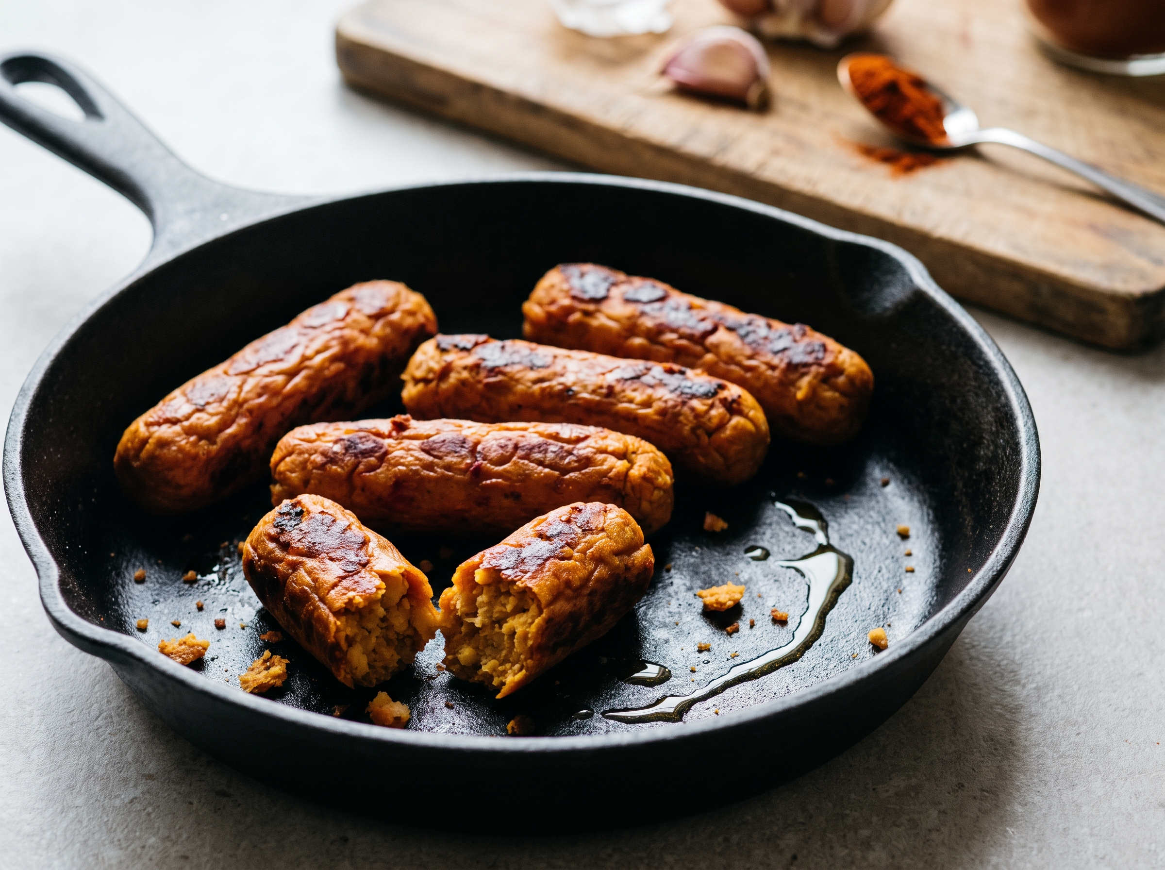 Salsichas veganas caseiras de grão-de-bico douradas na frigideira, uma partida ao meio mostrando o interior firme e avermelhado