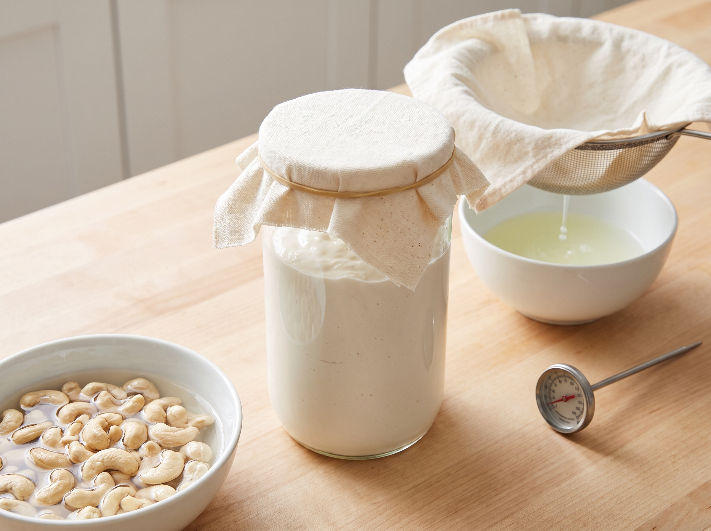 Pote de vidro com creme de castanha de caju coberto por pano para fermentar, ao lado do coador escorrendo o soro do iogurte grego vegano