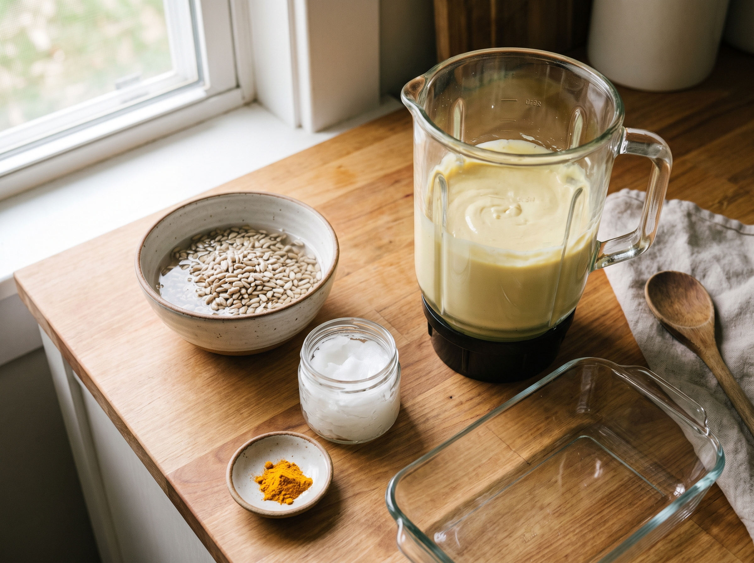 Liquidificador com creme claro de girassol ao lado das sementes de molho, do óleo de coco e da cúrcuma, preparo da manteiga vegetal