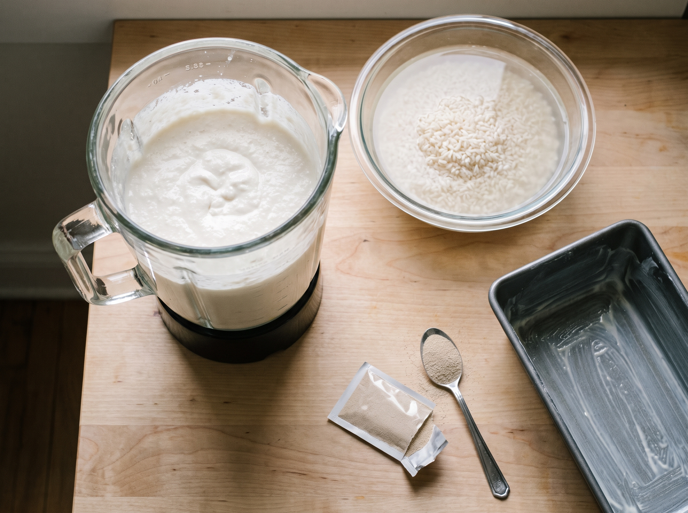 Liquidificador com a massa branca de arroz batido ao lado da tigela com arroz cru de molho e da forma untada, preparo do pão de arroz