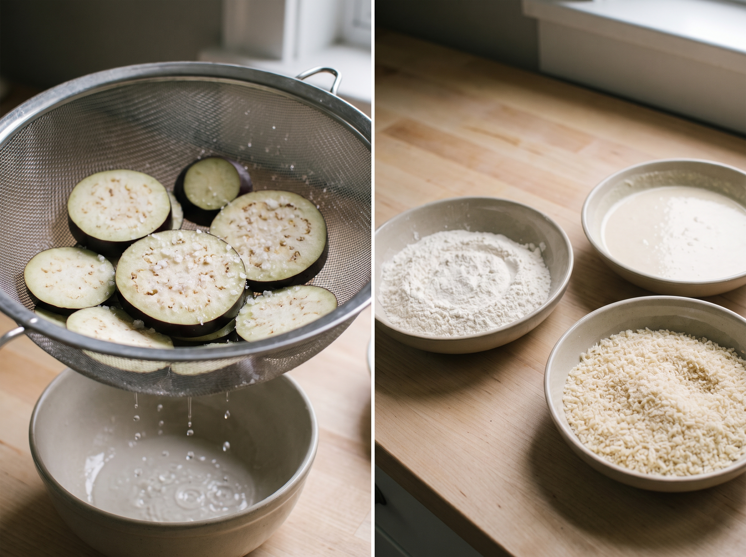 Fatias de berinjela cruas sobre peneira com sal grosso soltando água, ao lado tigelas com farinha, creme e panko para empanar