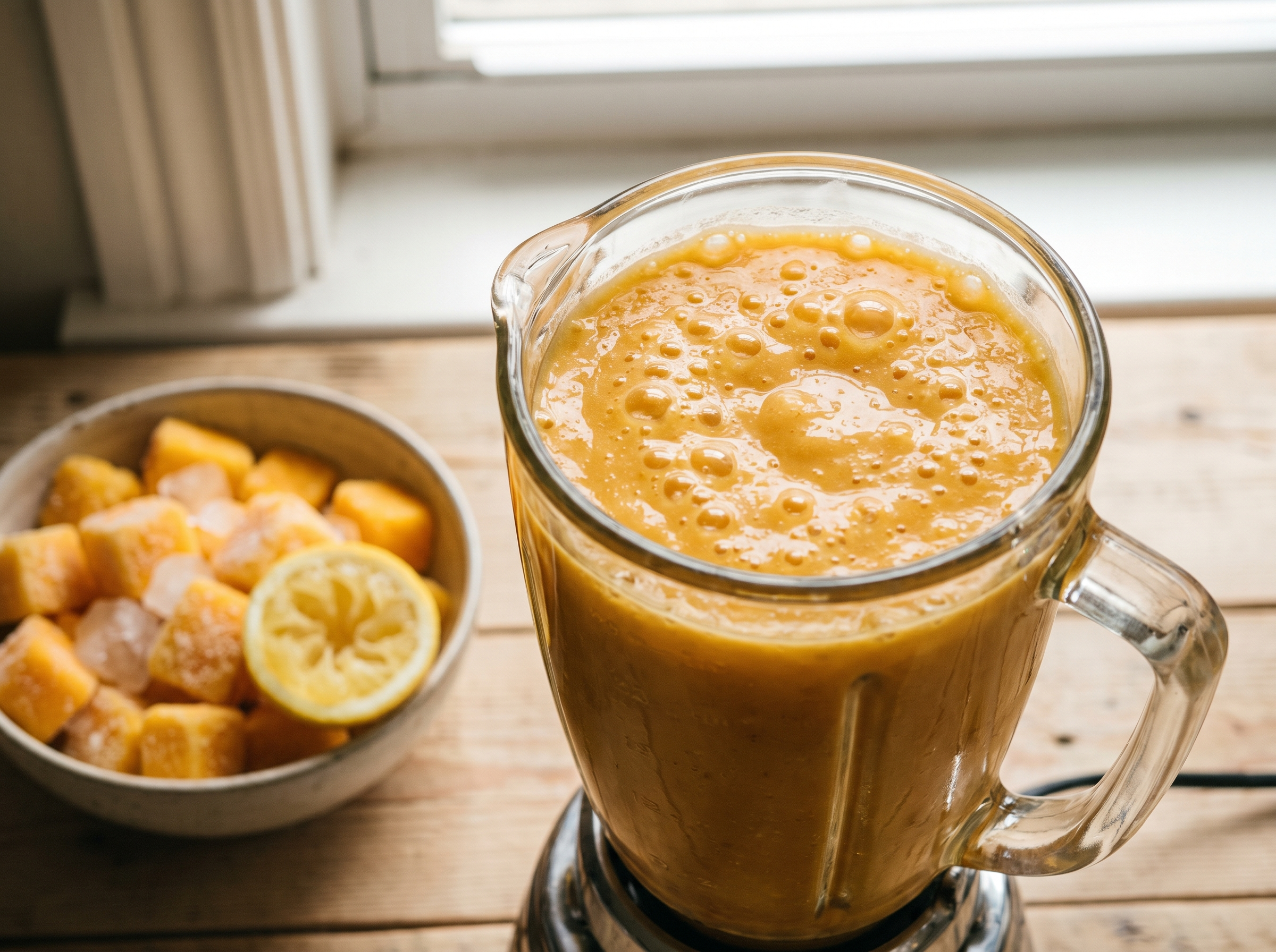 Liquidificador com creme espesso e aerado de manga, ao lado tigela com cubos de manga congelada e meio limão