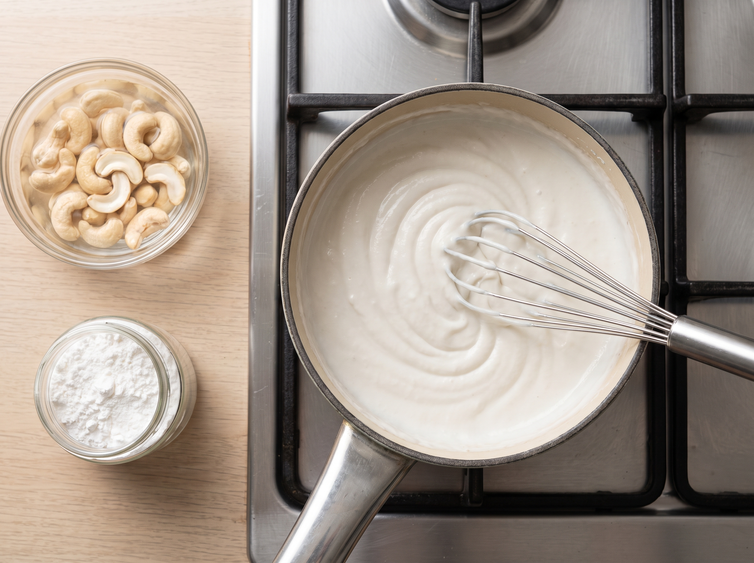 Creme branco encorpando na panela mexido com fouét, ao lado de castanhas de caju de molho e polvilho doce, preparo do requeijão vegano