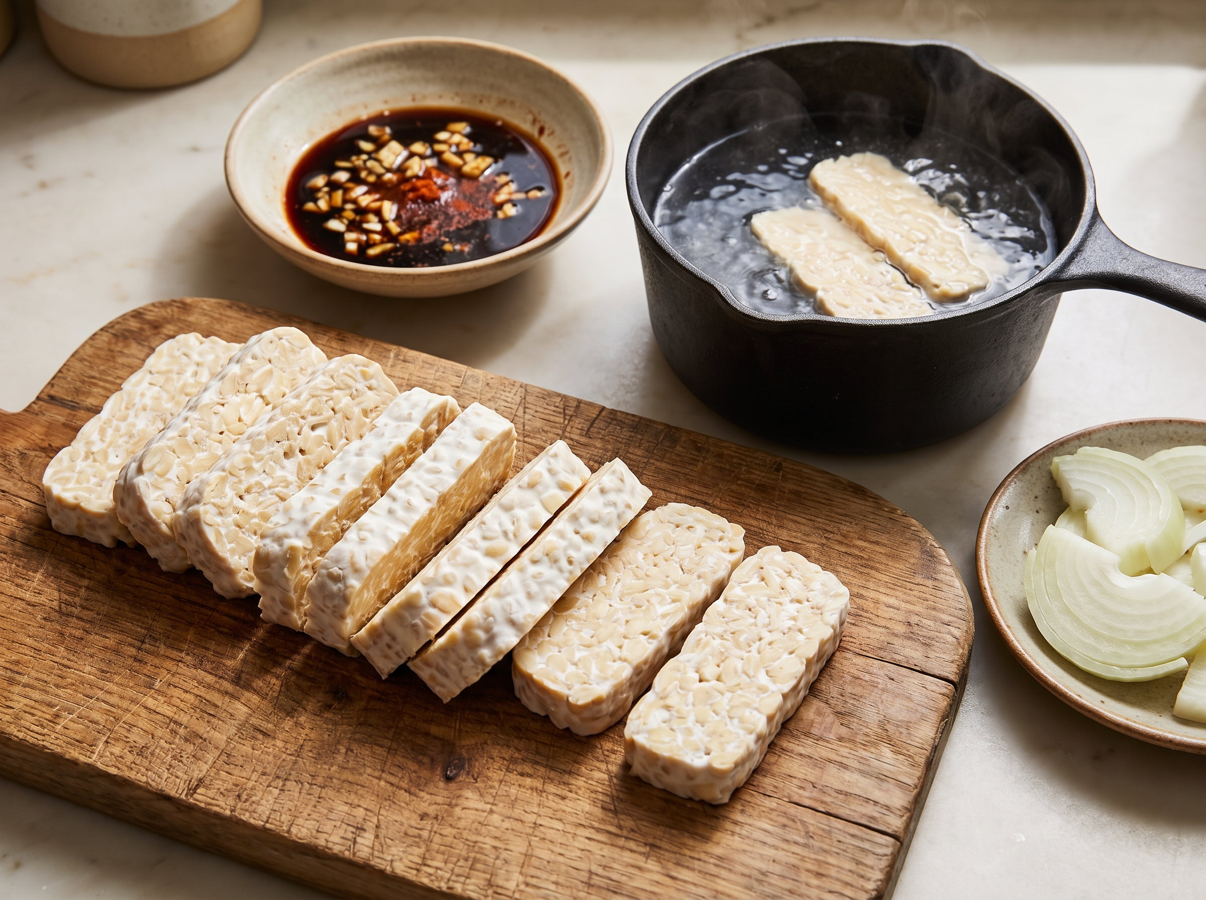 Tempeh fatiado sobre tábua de madeira ao lado da panela de água fervente e da marinada de shoyu, etapa que tira o amargor do tempeh acebolado
