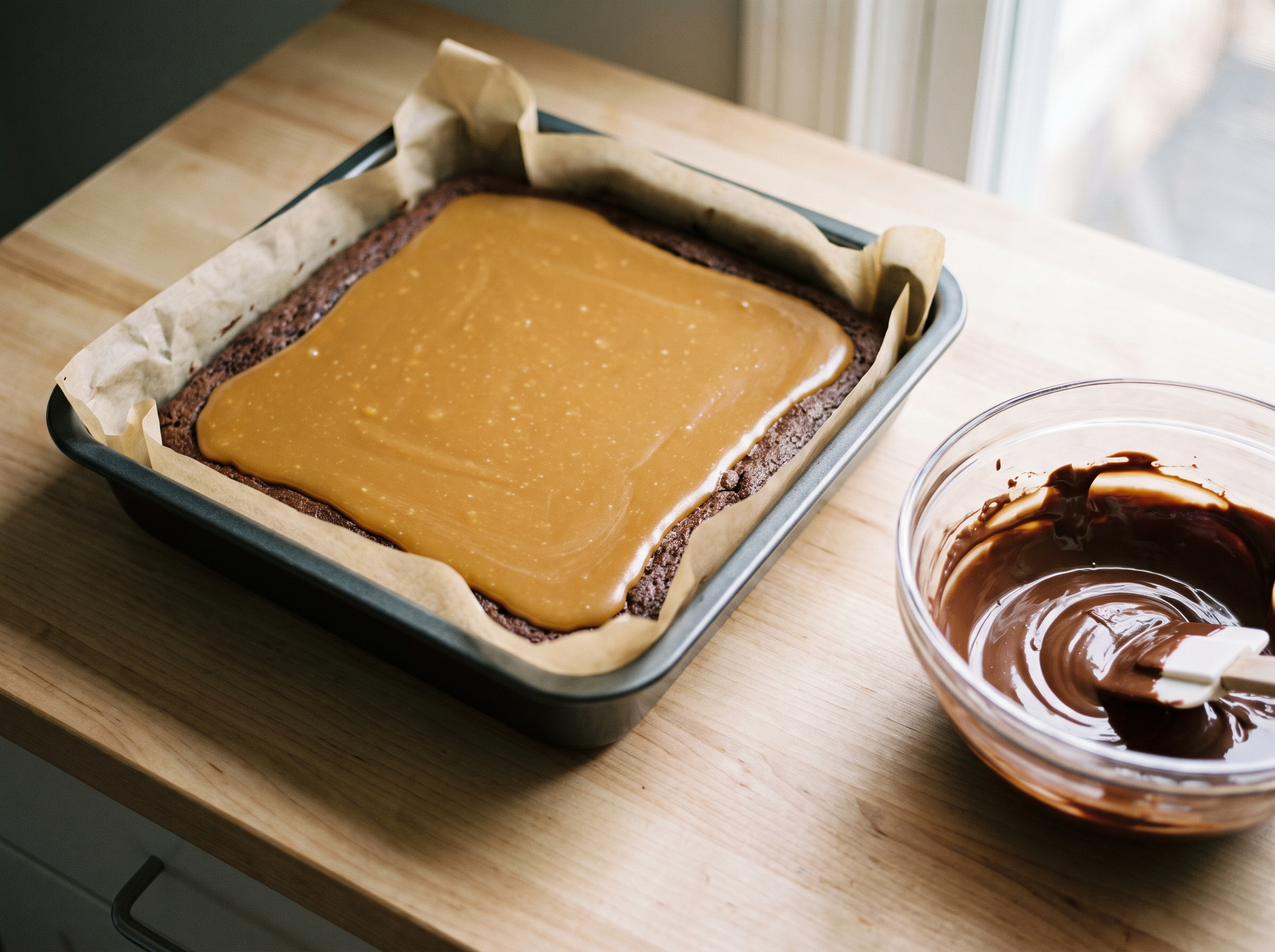Forma com base assada coberta por camada de caramelo dourado firme e fria, ao lado tigela com chocolate derretido e espátula