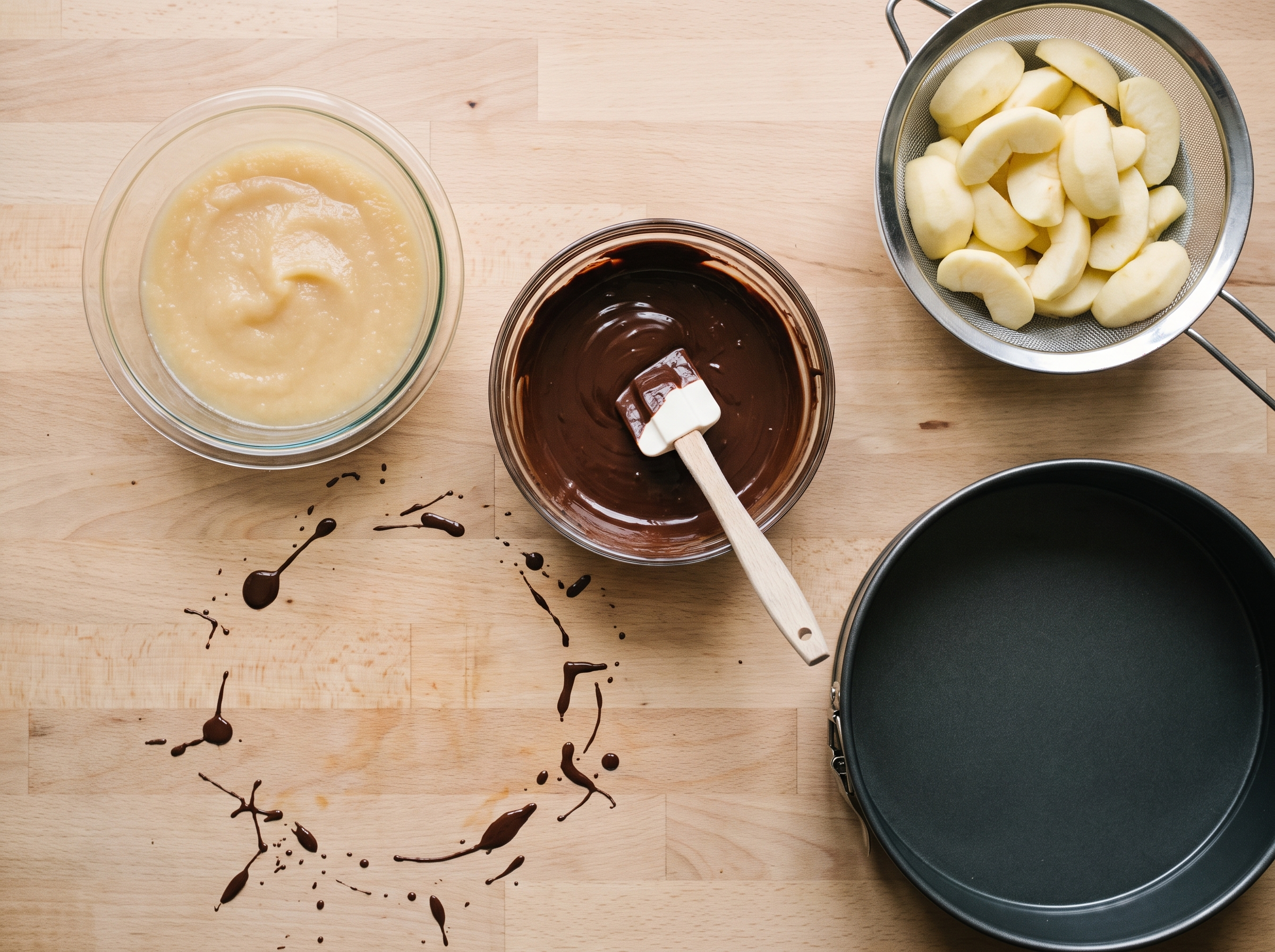 Purê claro de maçã cozida ao lado do chocolate derretido e das maçãs escorrendo na peneira, preparo da torta de chocolate